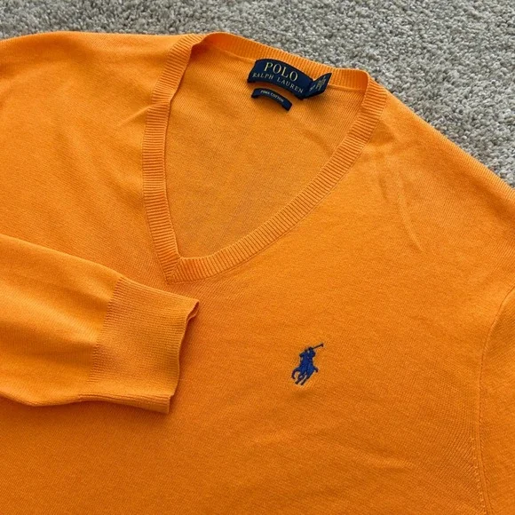 Polo Ralph Lauren V-Neck Sweater Small Orange Pima Cotton Blue Pony Logo - Picture 1 of 7